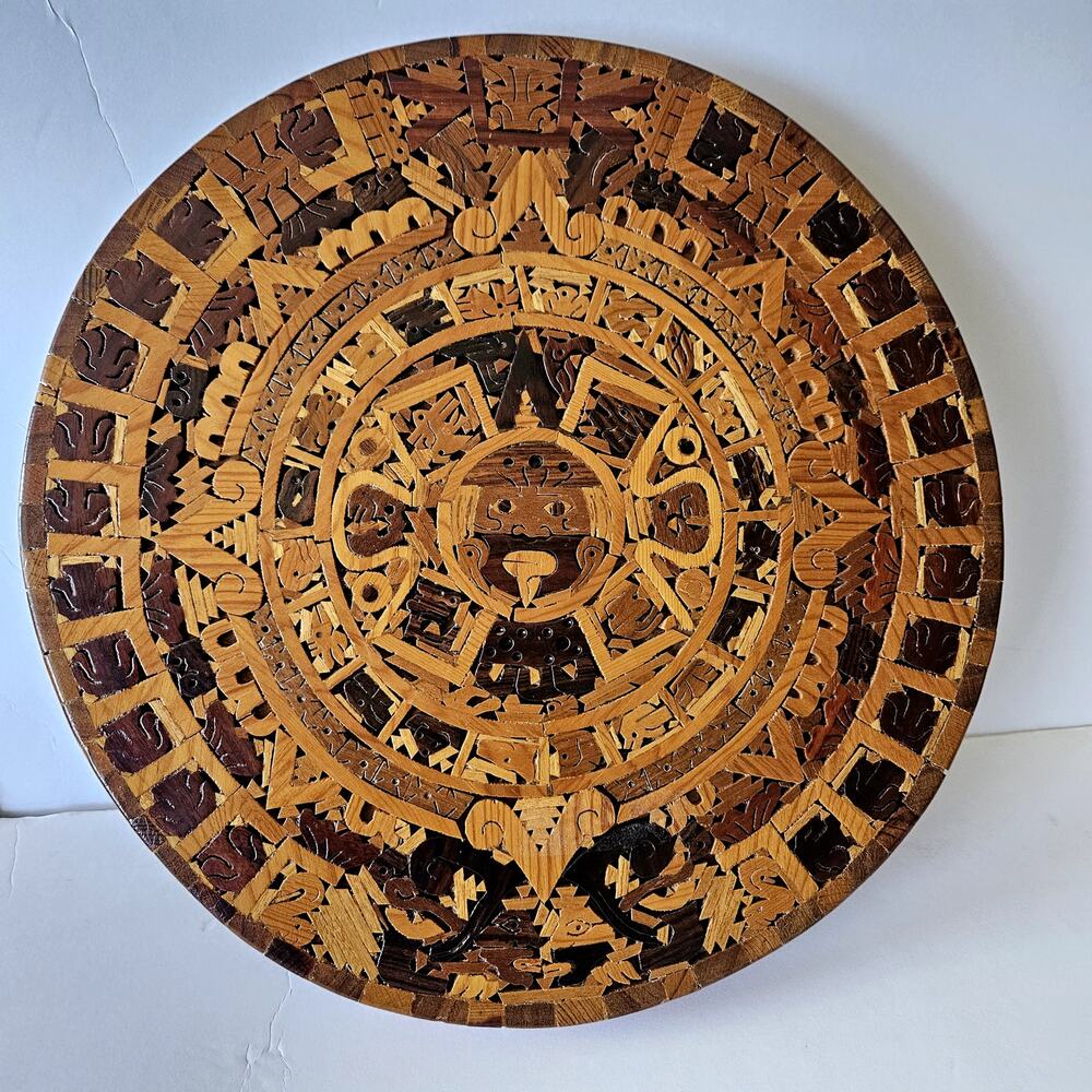 Vintage Alfonso Jurado e Hijos 12.5" Aztec Sun Stone Wood Mosaic